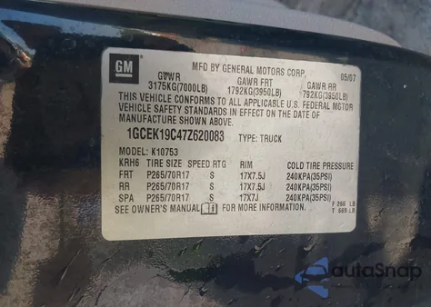 2007 Chevrolet Silverado 1500 Lt1 z USA, uszkodzony, nr VIN 1GCEK19C47Z620083